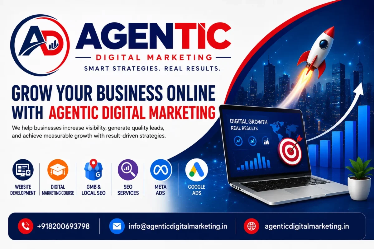Agentic Digital Marketing agency in Surat offering SEO services, Google Ads, Meta Ads, website development, local SEO, GMB ranking, lead generation, and AI-powered digital marketing solutions.