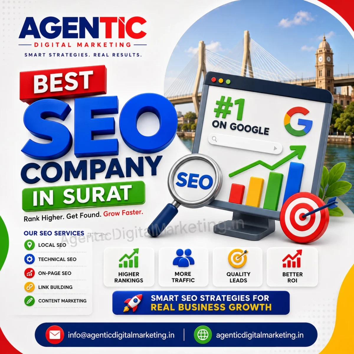 Best SEO Company in Surat offering SEO Services in Surat, Local SEO, Technical SEO, Content Marketing, and Google Business Profile Optimization by Agentic Digital Marketing.