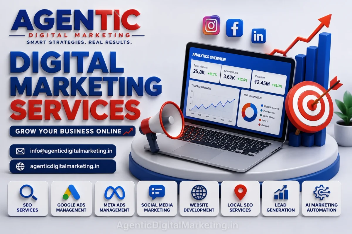 Digital Marketing Services by Agentic Digital Marketing Agency offering SEO, Google Ads, Meta Ads, website development and local SEO services in Surat, Mumbai, Delhi, Bangalore, Jaipur, Chennai, Noida, Pune, Lucknow, Vadodara and globally across India, USA, UK, Canada, Australia, UAE and Singapore