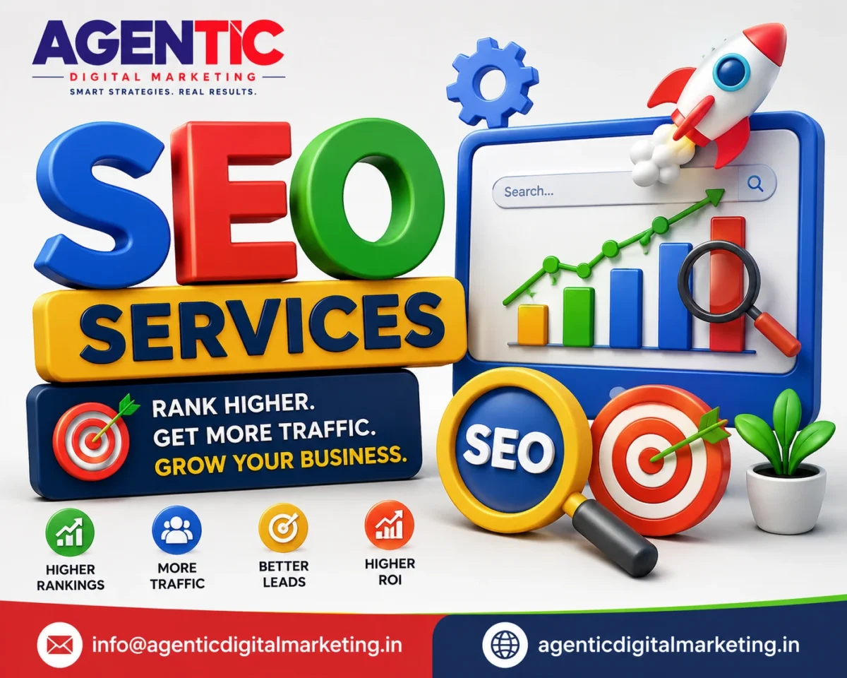 3D SEO Services dashboard by Agentic Digital Marketing showing higher rankings, increased traffic, better leads and business growth for companies in Surat, Mumbai, Delhi, Bangalore, Jaipur, Chennai, Noida, Pune and Lucknow.