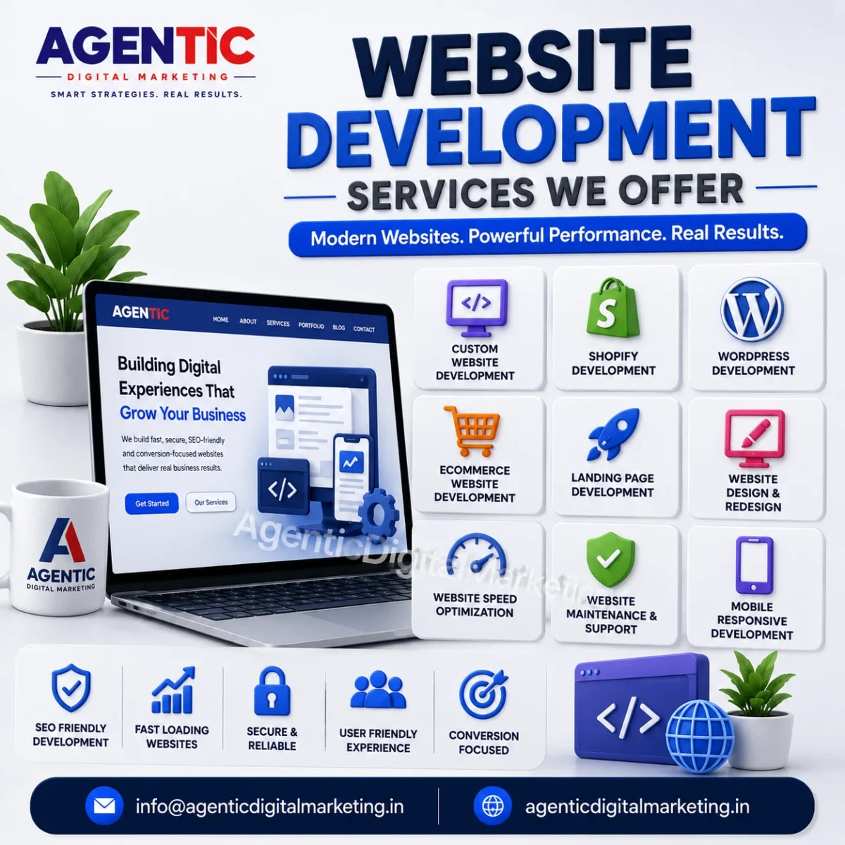 3D Website Development Services image by Agentic Digital Marketing Agency showcasing Shopify, WordPress, ecommerce, responsive, and SEO-friendly web development solutions