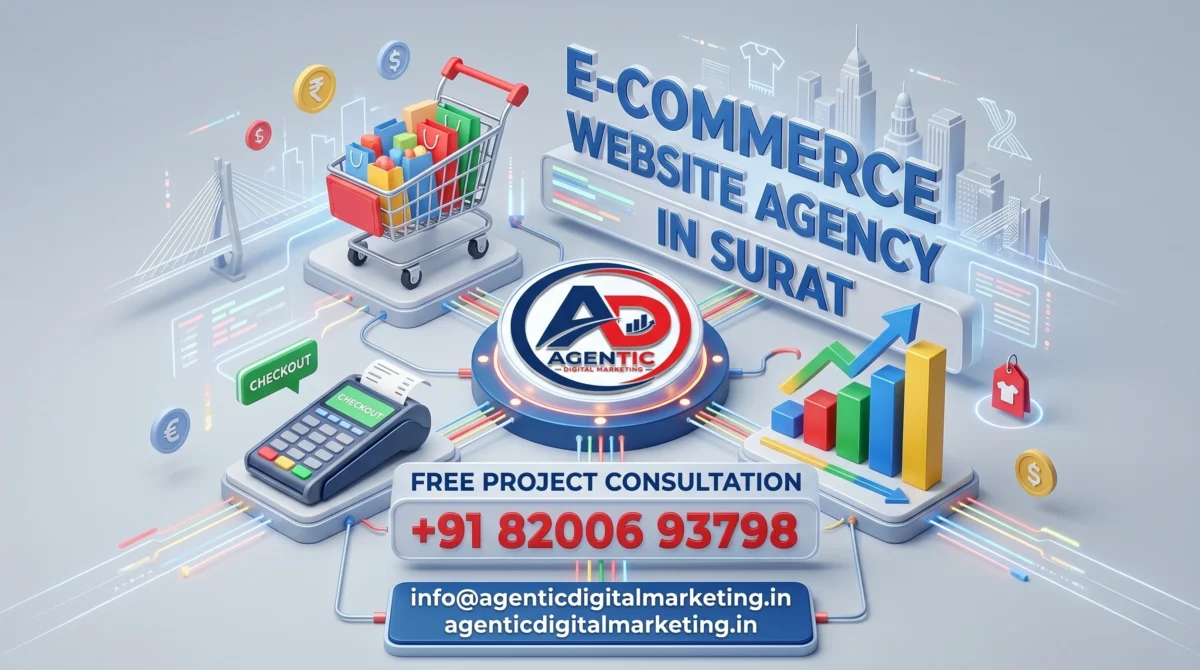 Ecommerce Website Agency In Surat Contact Number showing +91 82006 93798 for Agentic Digital Marketing Agency.