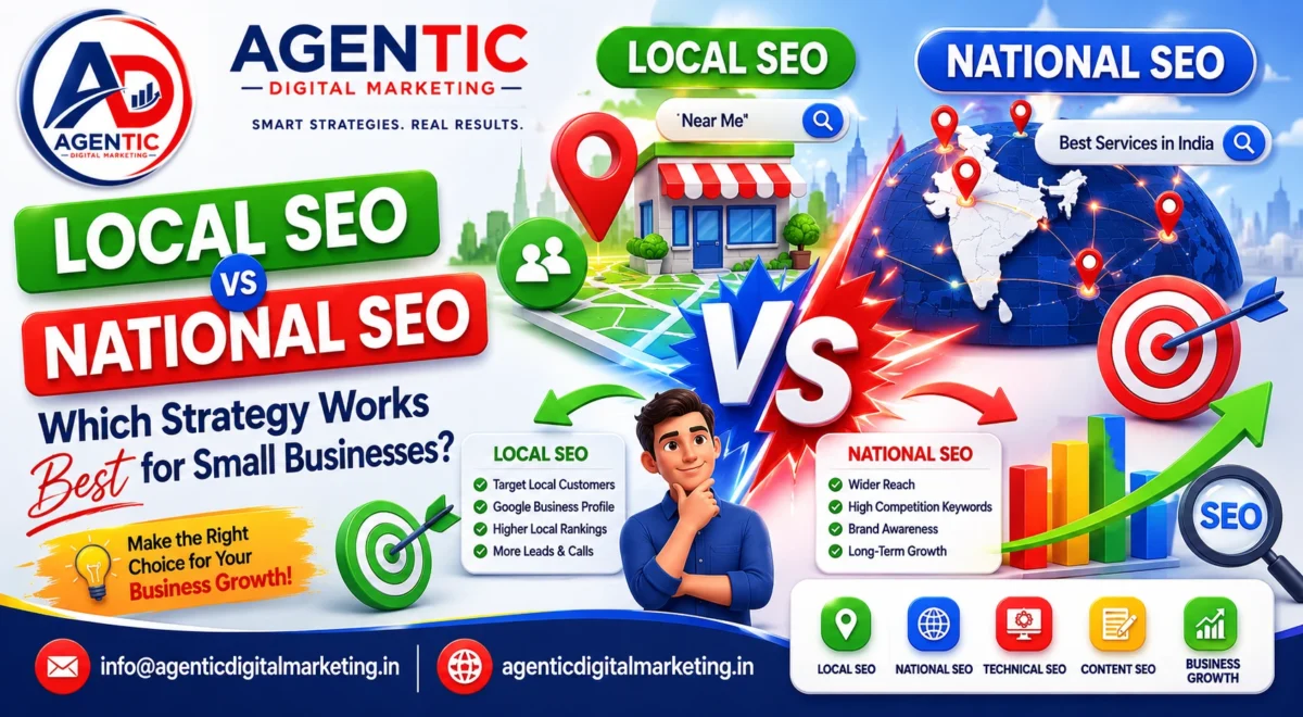 Local SEO vs National SEO: Which Strategy Works Best for Small Businesses? 2 Local SEO or National SEO for small business growth featuring local search marketing, Google Business Profile optimization, national search visibility, SEO rankings, and digital marketing strategies.