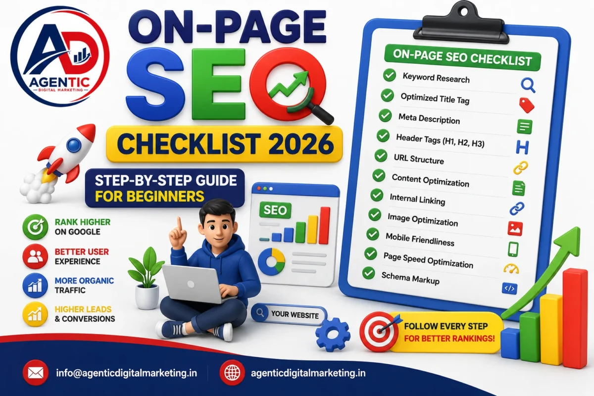 On-Page SEO Checklist 2026 step-by-step guide for beginners featuring keyword research, title tags, meta descriptions, internal linking, image optimization, schema markup, and SEO best practices by Agentic Digital Marketing.