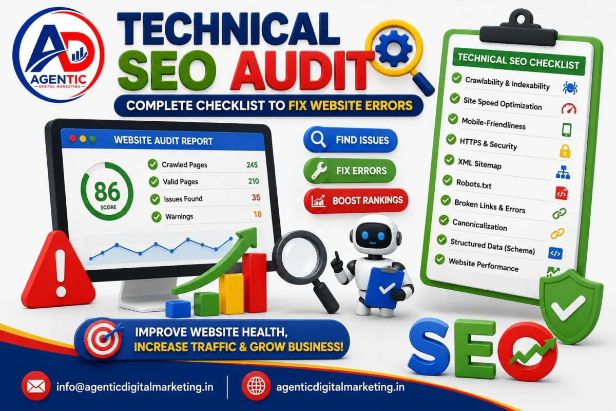 Technical SEO Audit complete checklist to fix website errors including crawlability, indexing, site speed optimization, mobile friendliness, HTTPS security, XML sitemap, robots.txt, schema markup, and technical SEO improvements.