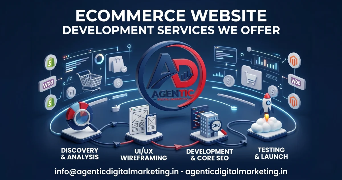 Top Ecommerce Website Agency In Surat step-by-step development process diagram from analysis to launch.