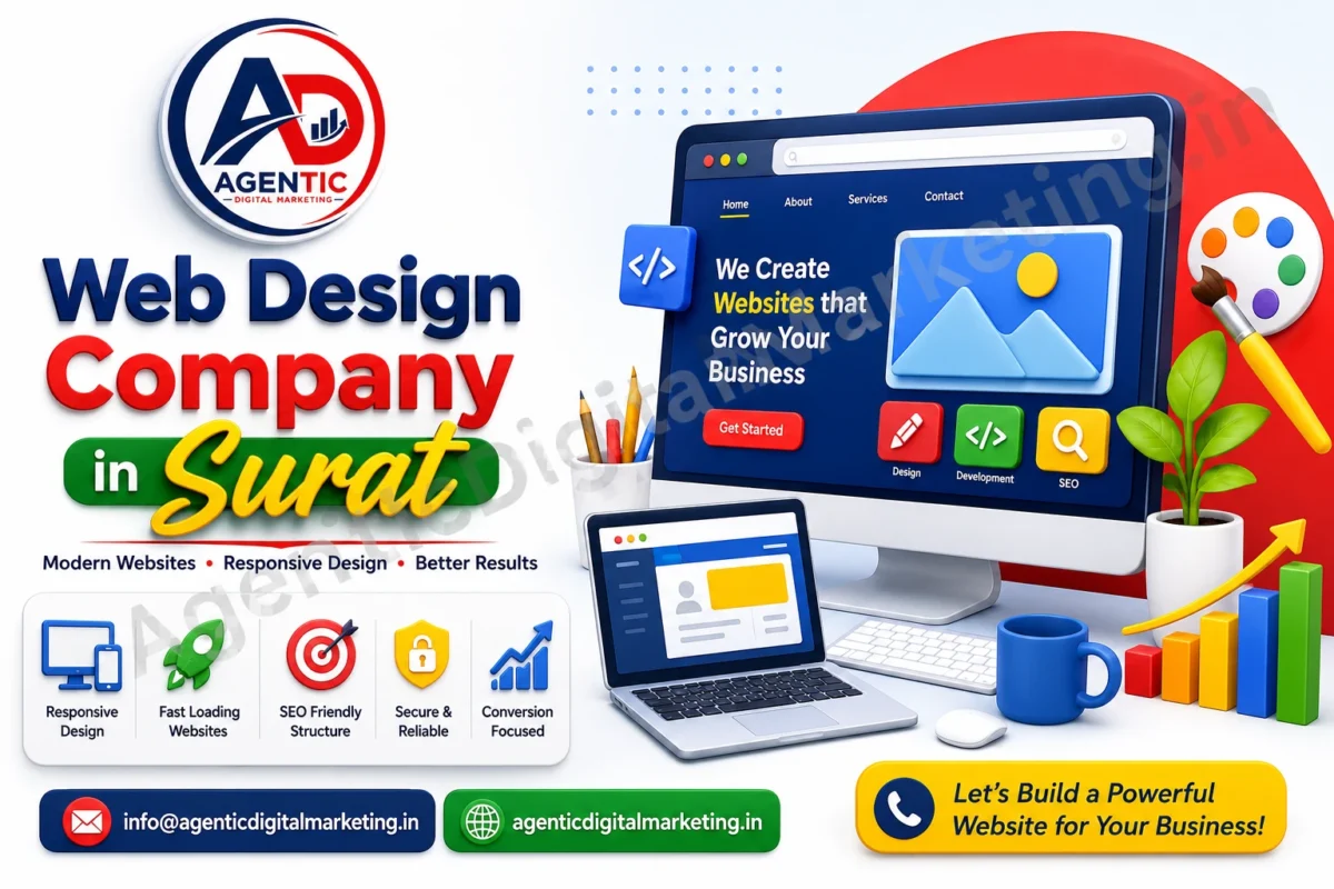 Web Design Company in Surat 3 Web Design Company in Surat by Agentic Digital Marketing featuring responsive website design, SEO-friendly websites, ecommerce solutions, and professional web development services.
