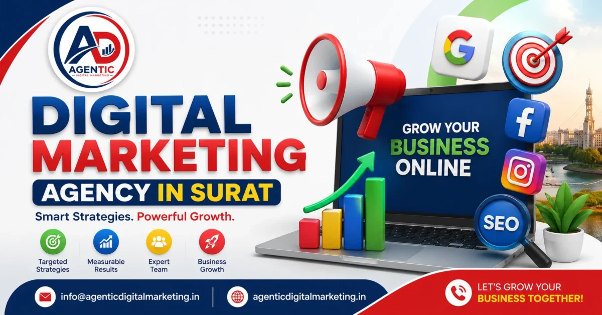 3D featured image of Agentic Digital Marketing Agency in Surat offering SEO, Google Ads, Social Media Marketing, Website Development, Performance Marketing, and AI-powered digital marketing services.