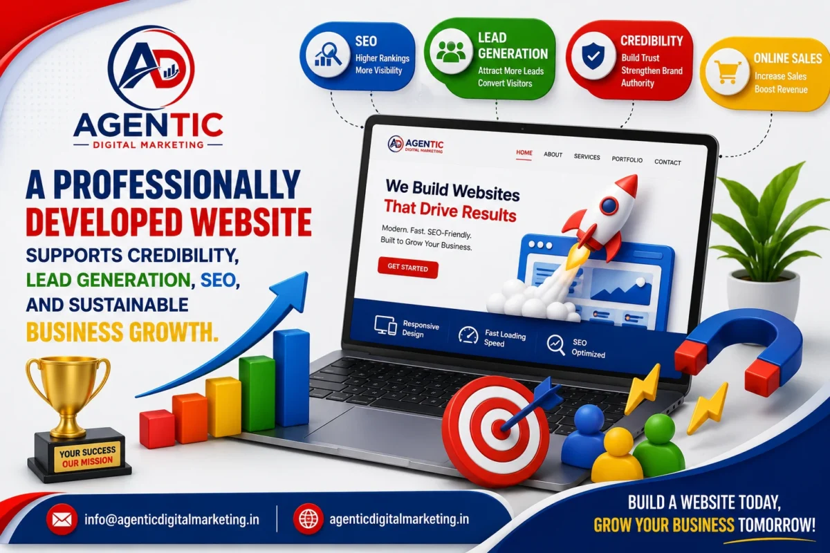 Benefits of a professional business website including SEO, lead generation, credibility, and online sales